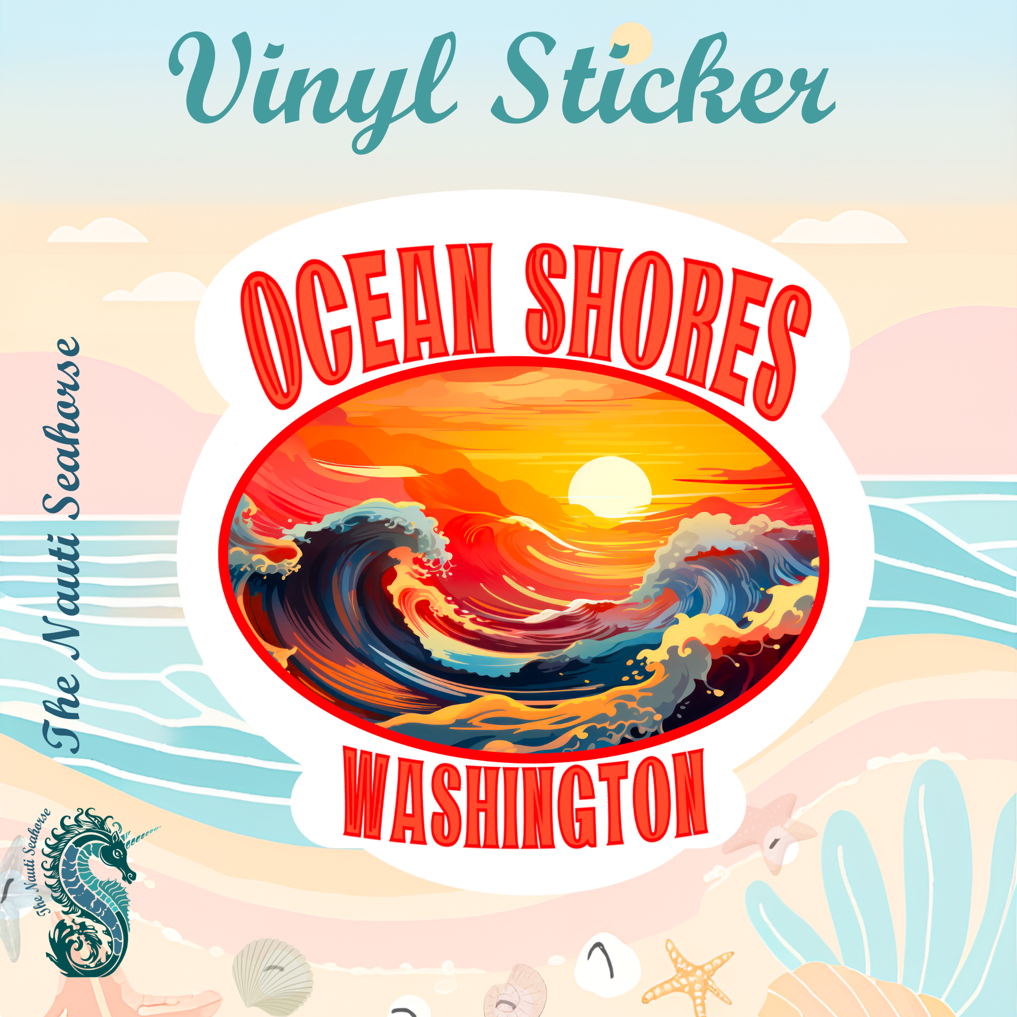 The Nauti Seahorse Ocean Shores Sunset Sticker