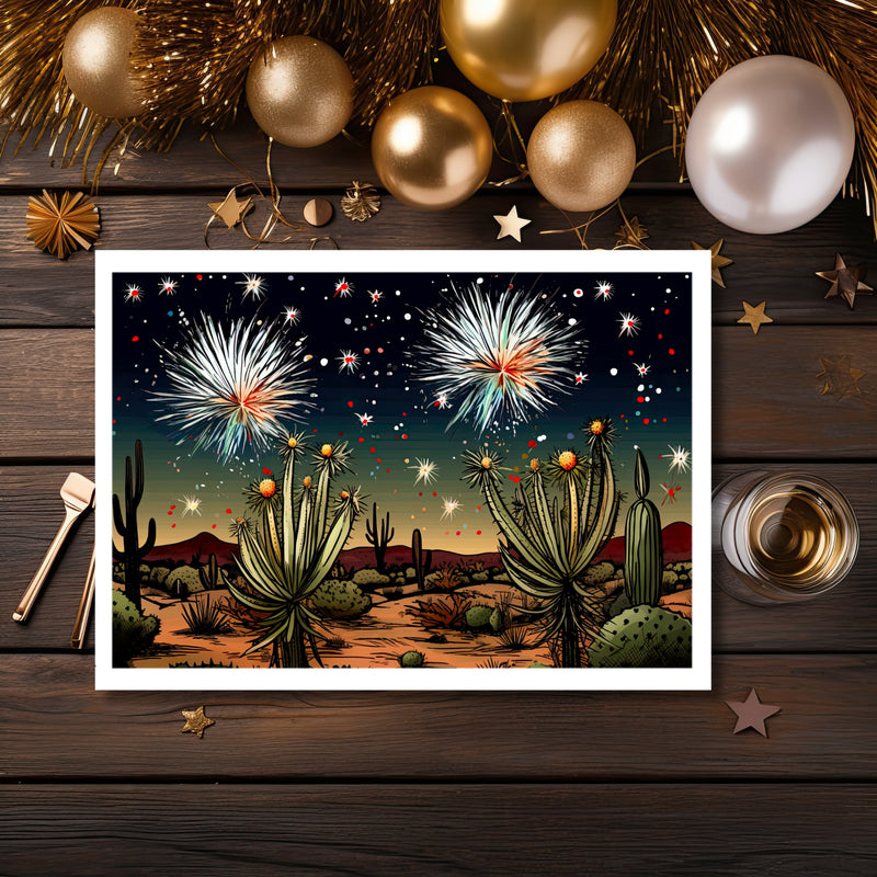 product title fireworks Desert New Year Celebration Greeting Card