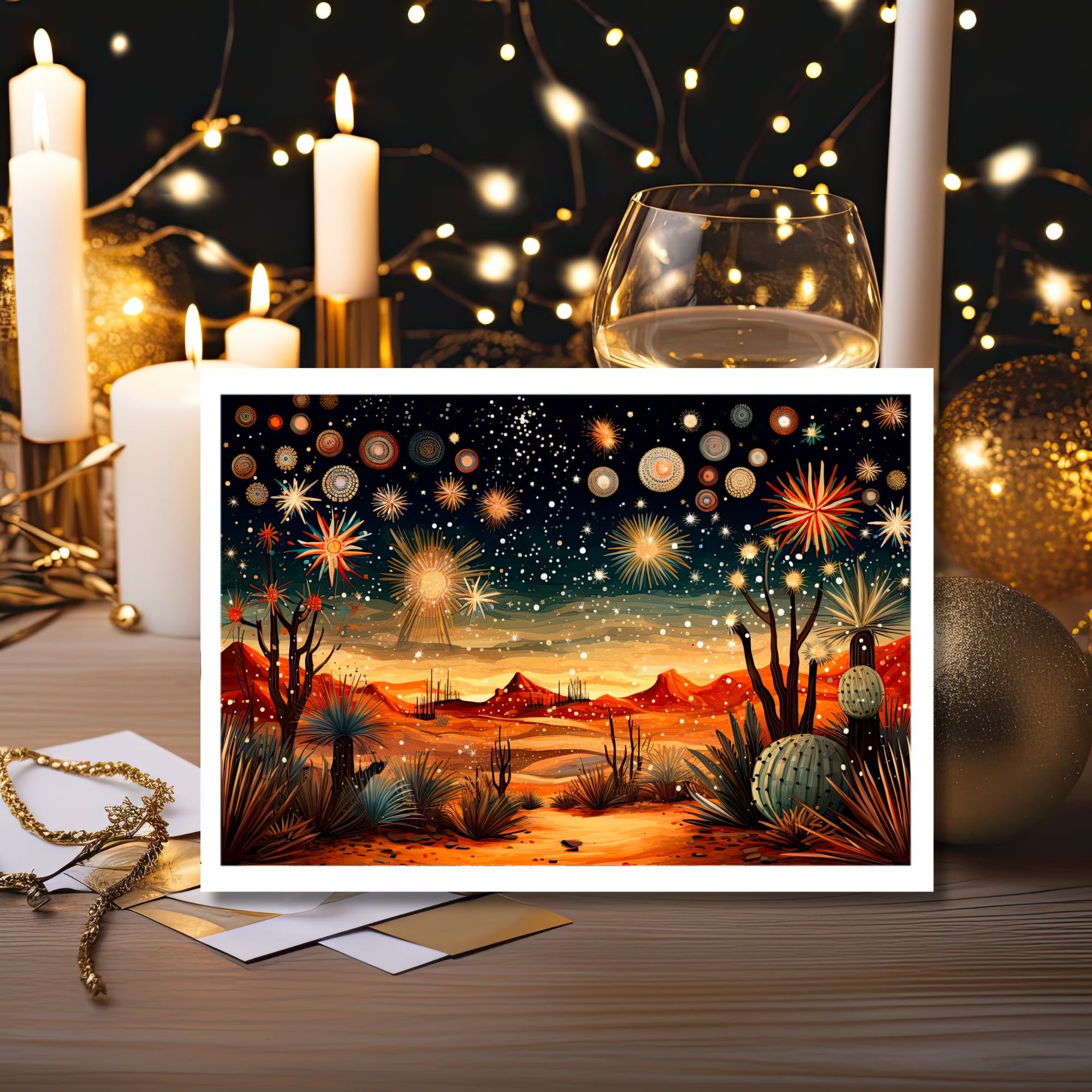 New Year in the Desert nighttime sky filled with fireworks Celebration Greeting Card
