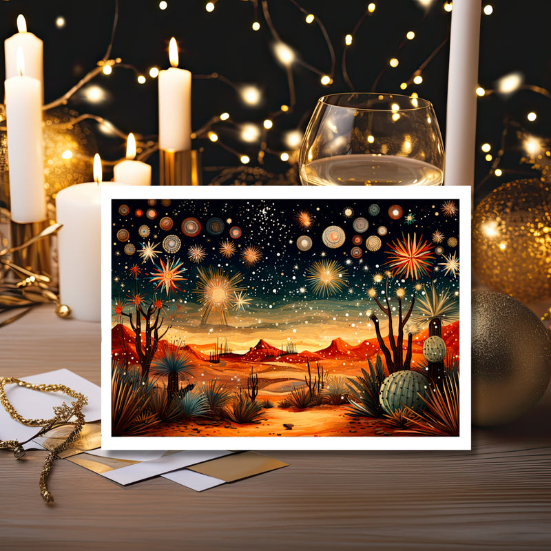 New Year in the Desert nighttime sky filled with fireworks Celebration Greeting Card