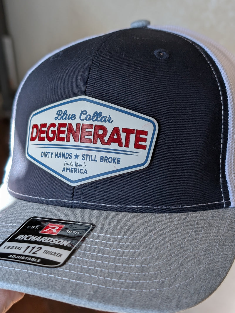 Blue Collar Degenerate Trucker Hat – Richardson 112 in Navy/White/Heather Grey