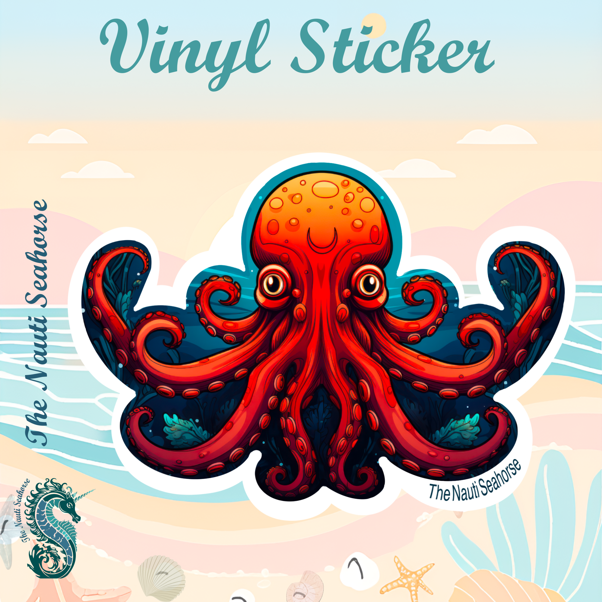 Majestic Depths and Moonlit Dance Octopus Sticker, Laptop Sticker
