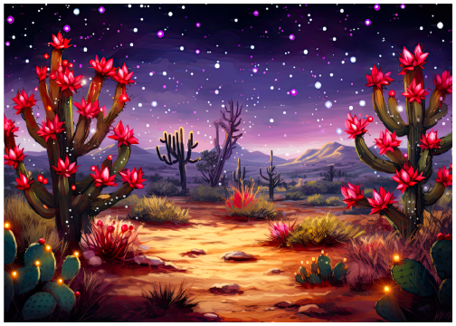 Purple Hues Oasis: Desert Cactus Twinkling Stars Art Print