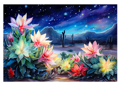 Desert Cactus Night Greeting Card stars in the night sky colorful cactus flowers