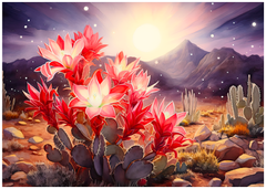 Scarlet Oasis: Red Flowering Cactus Sunrise Art Print