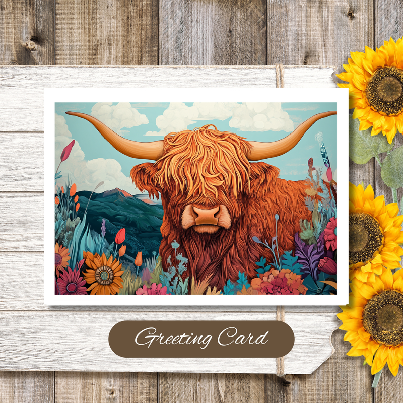 Whimsical Highland Cow — Colorful Greeting Card