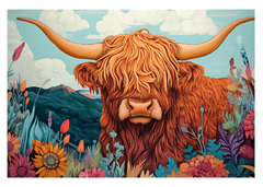 Whimsical Highland Cow — Colorful Greeting Card