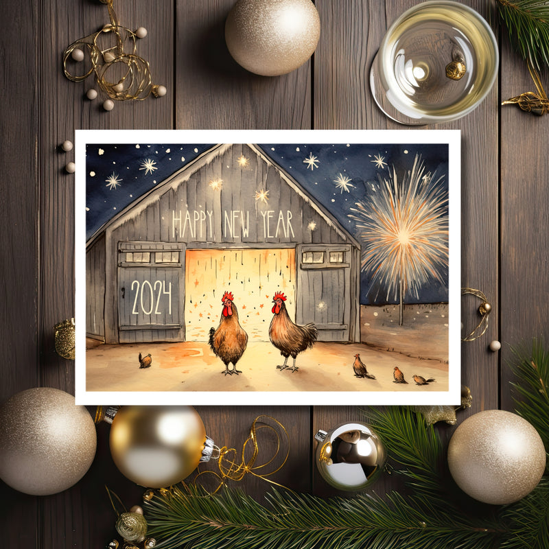 Chicken Farmhouse New Year Celebration Card