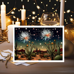 product title fireworks Desert New Year Celebration Greeting Card