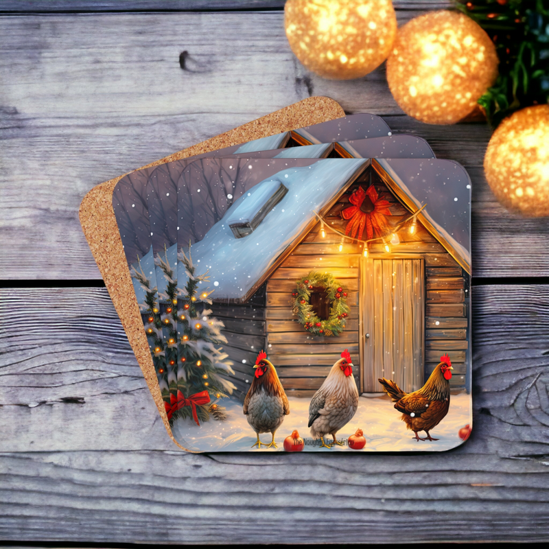 Chicken Farmhouse Holiday Coaster Set