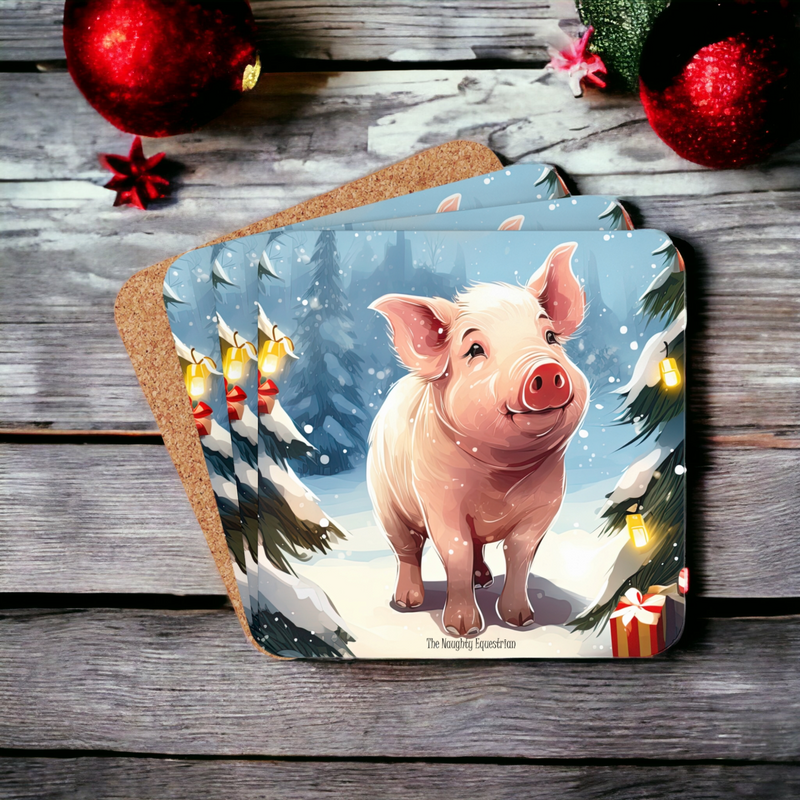 Pig Holiday Lights Christmas Coaster Set