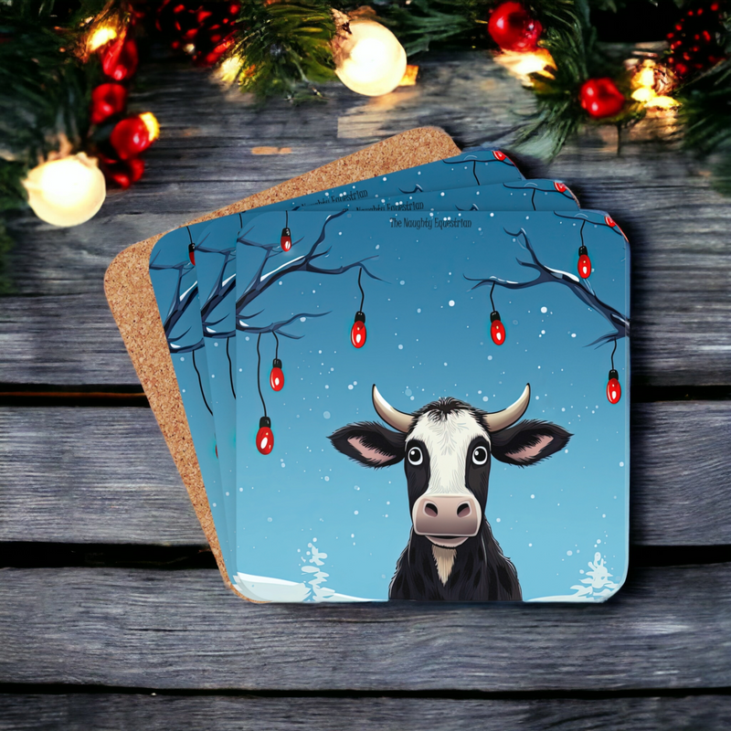 Cow Ornament Holiday Christmas Coaster Set