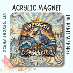 Seagull Stealin Fries Fridge Magnet

Add a quirky touch to your fridge with our Seagull Stealin Fries Fridge Magnet. This stoic seagull isn't afraid to sneak some of your Micky D's! With the words 'Stealin Fries and Livin Lies', it's a playful addition to your beach or coastal decor. (Fries not included!)

Durable magnets can be used as fridge, desk, or decorative magnets.

Each magnet is a 2"x 2" square with a 5 mm-thick transparent acrylic top.