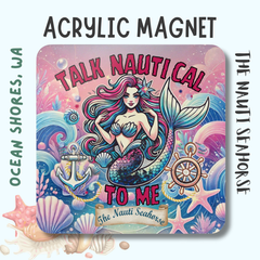 Mermaid Talk Nautical Fridge Magnet

Take a break from boring decor and add a touch of whimsy to your fridge with this Mermaid Talk Nautical Magnet. Featuring a colorful mermaid surrounded by shells and ocean waves, she'll playfully remind you to 'Talk Nautical To Me.' Go ahead, indulge in some nauti conversation (wink, wink).

Durable magnets can be used as fridge, desk, or decorative magnets.

Each magnet is a 2"x 2" square with a 5 mm-thick transparent acrylic t