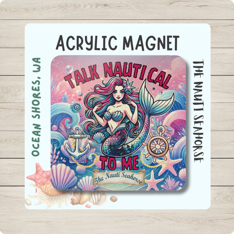 Mermaid Talk Nautical Fridge Magnet

Take a break from boring decor and add a touch of whimsy to your fridge with this Mermaid Talk Nautical Magnet. Featuring a colorful mermaid surrounded by shells and ocean waves, she'll playfully remind you to 'Talk Nautical To Me.' Go ahead, indulge in some nauti conversation (wink, wink).

Durable magnets can be used as fridge, desk, or decorative magnets.

Each magnet is a 2
