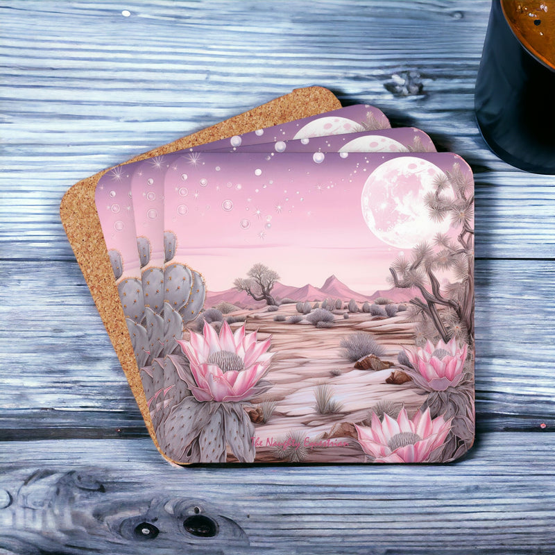 Desert Blush: Pink Moonlit Cactus Coaster Set