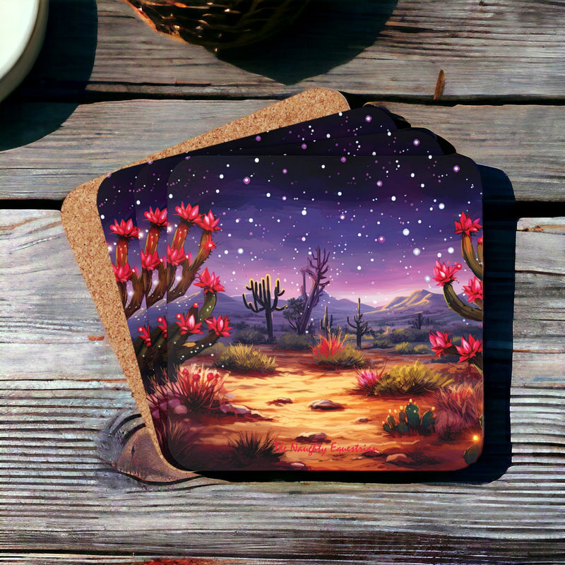 Purple Hues Oasis: Desert Cactus Twinkling Stars Coaster Set