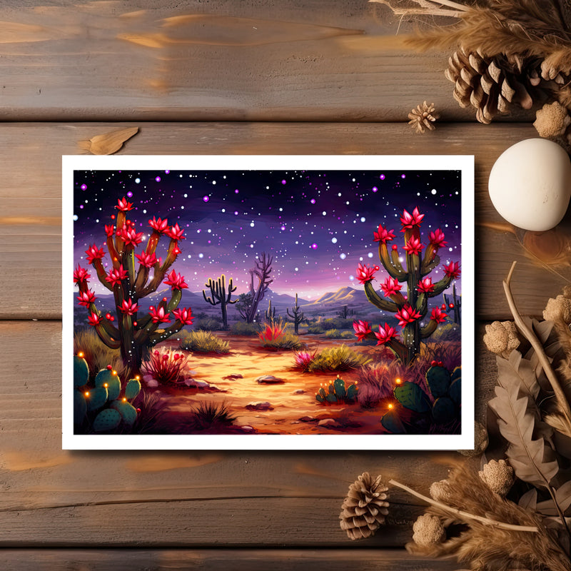 Purple Hues Oasis: Desert Cactus Twinkling Stars Greeting Card