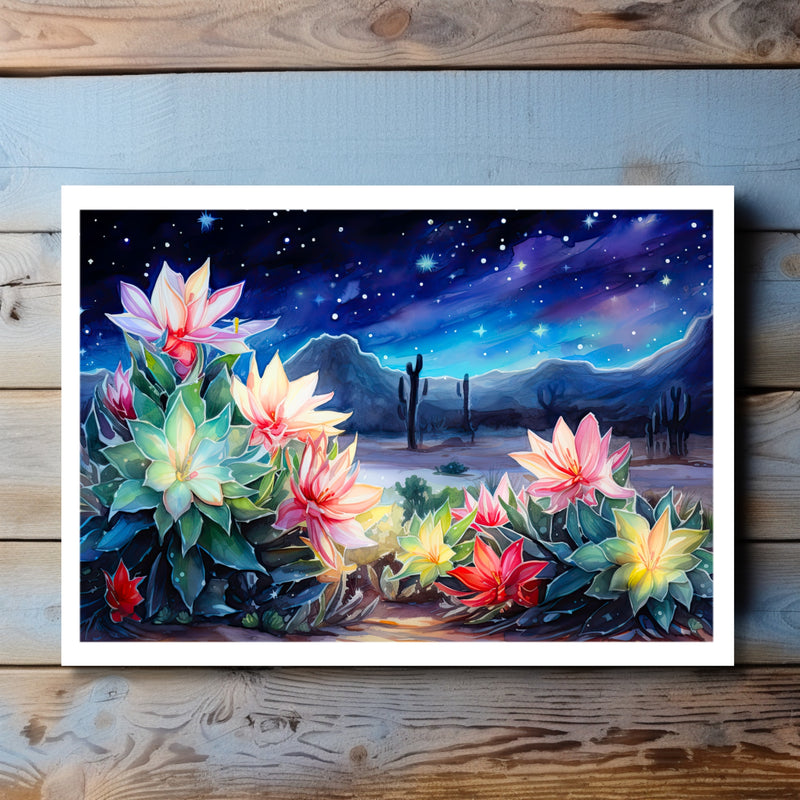 Desert Cactus Night Greeting Card stars in the night sky colorful cactus flowers