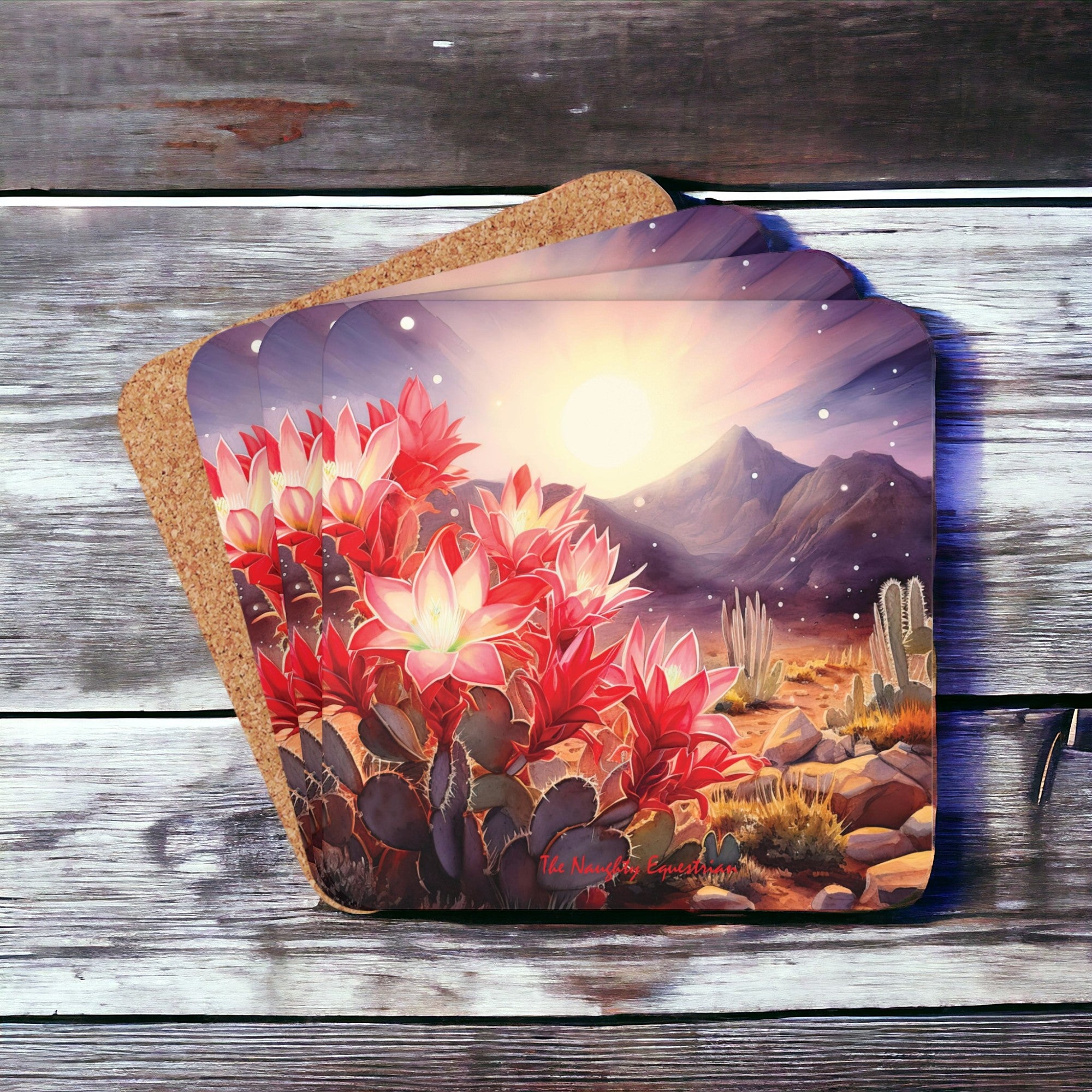 Scarlet Oasis: Red Flowering Cactus Sunrise Coaster Set