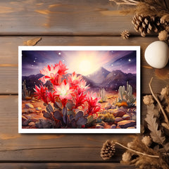 Scarlet Oasis: Red Flowering Cactus Sunrise Greeting Card