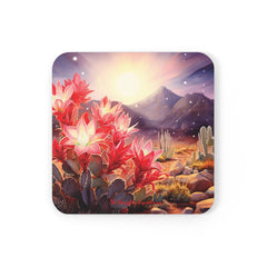 Scarlet Oasis: Red Flowering Cactus Sunrise Coaster Set