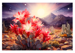 Scarlet Oasis: Red Flowering Cactus Sunrise Greeting Card