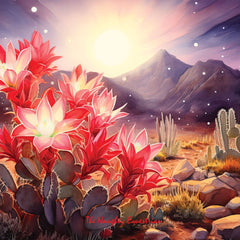 Scarlet Oasis: Red Flowering Cactus Sunrise Coaster Set