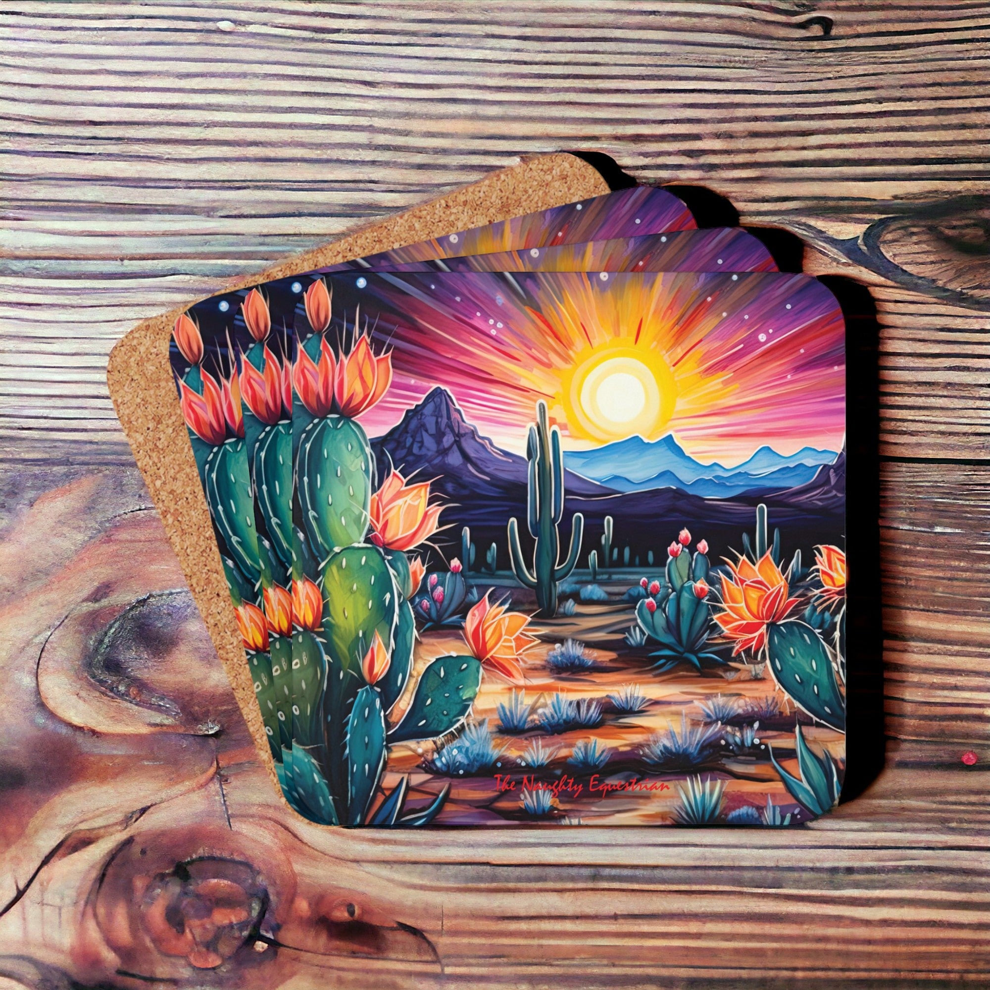 Sundown Spectrum: Desert Cactus Sunset Burst Coaster Set