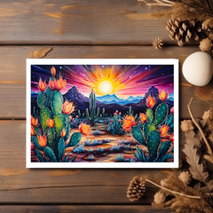 Sundown Spectrum: Desert Cactus Sunset Burst Greeting Card