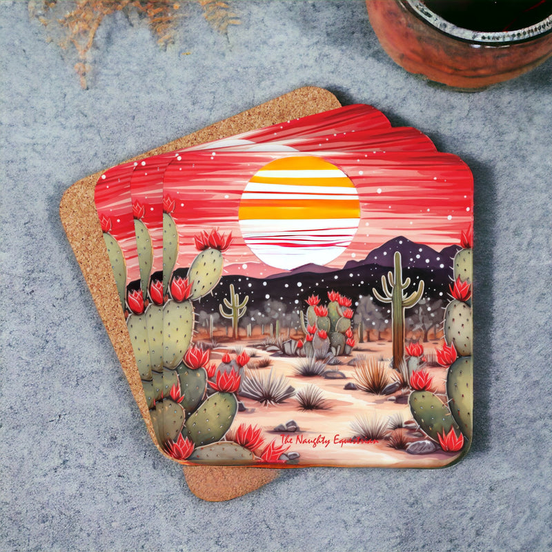 Sunset Blooms: Radiant Cactus Coaster Set