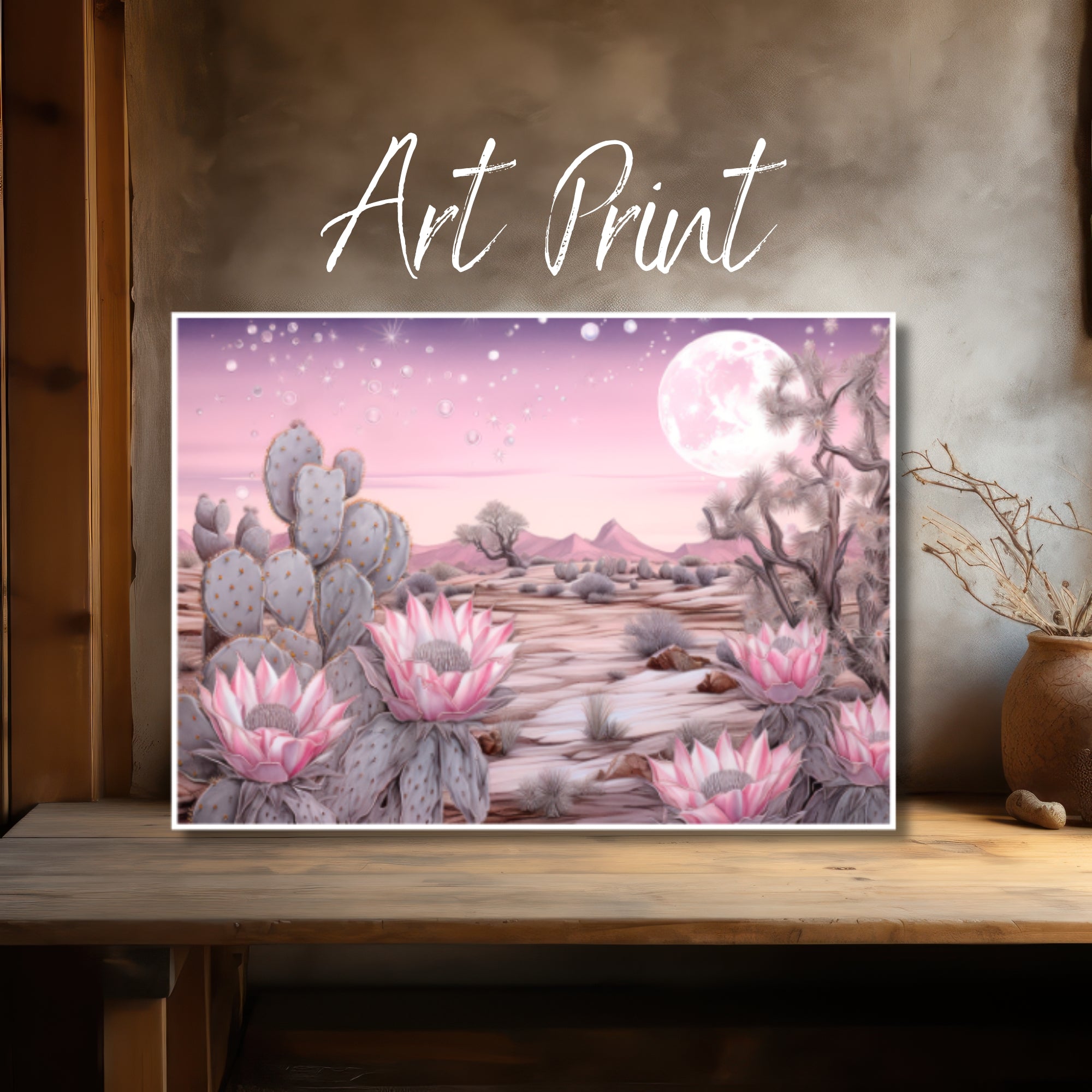 Desert Blush: Pink Moonlit Cactus Art Print