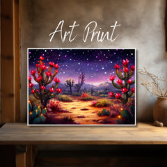 Purple Hues Oasis: Desert Cactus Twinkling Stars Art Print