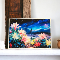 Midnight Bloom: Desert Cactus Night Sky Art Print