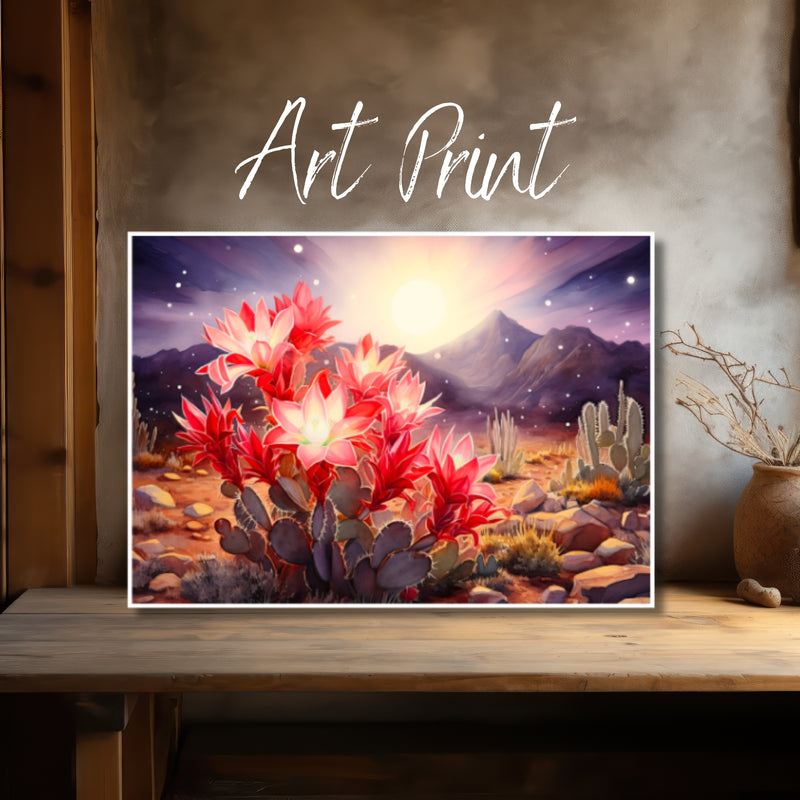 Scarlet Oasis: Red Flowering Cactus Sunrise Art Print