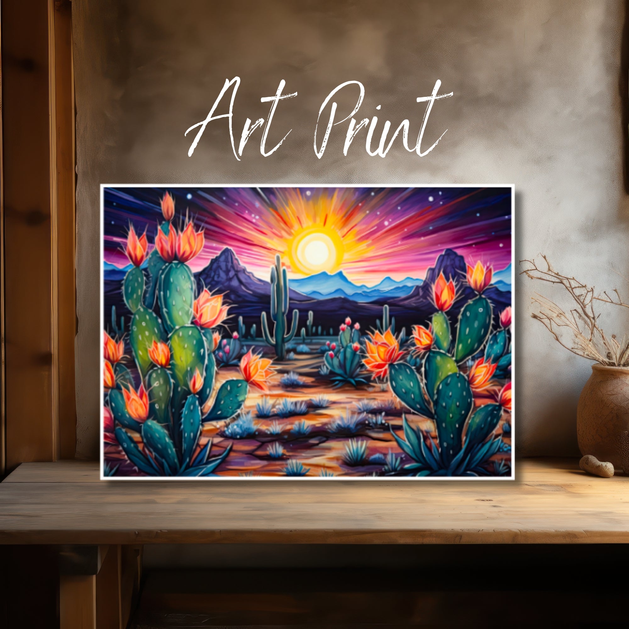 Sundown Spectrum: Desert Cactus Sunset Burst Art Print