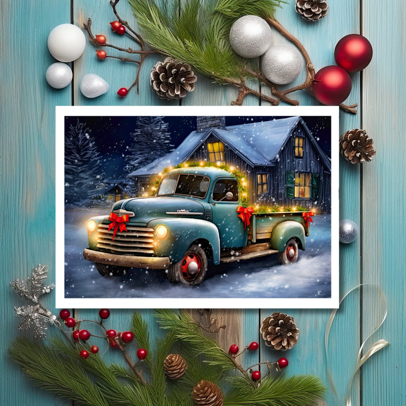 Blue Farm Truck Holiday Christmas Card