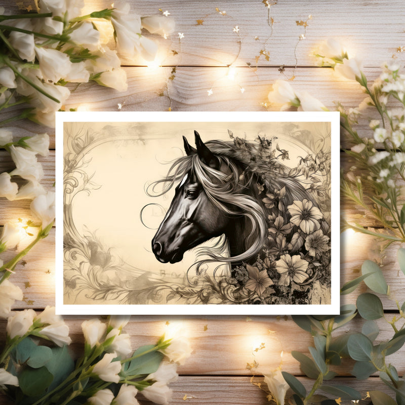 Vintage Equine Charm: Graceful Horse with Blooms - Greeting Card