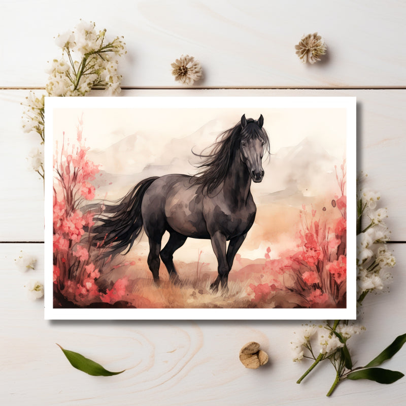 Enchanting Equine Elegance: Majestic Horse in a Meadow of Crimson Blooms - Greeting Card