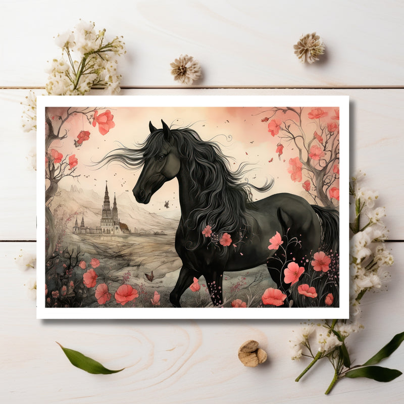 Ethereal Elegance: Vintage-Inspired Black Horse Amidst Pink Floral Enchantment - Greeting Card