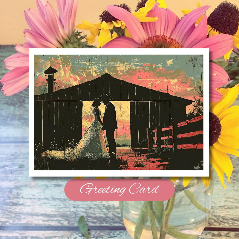 Sunset Wedding Card: Cowboy & Cowgirl Silhouette, Anniversary Card