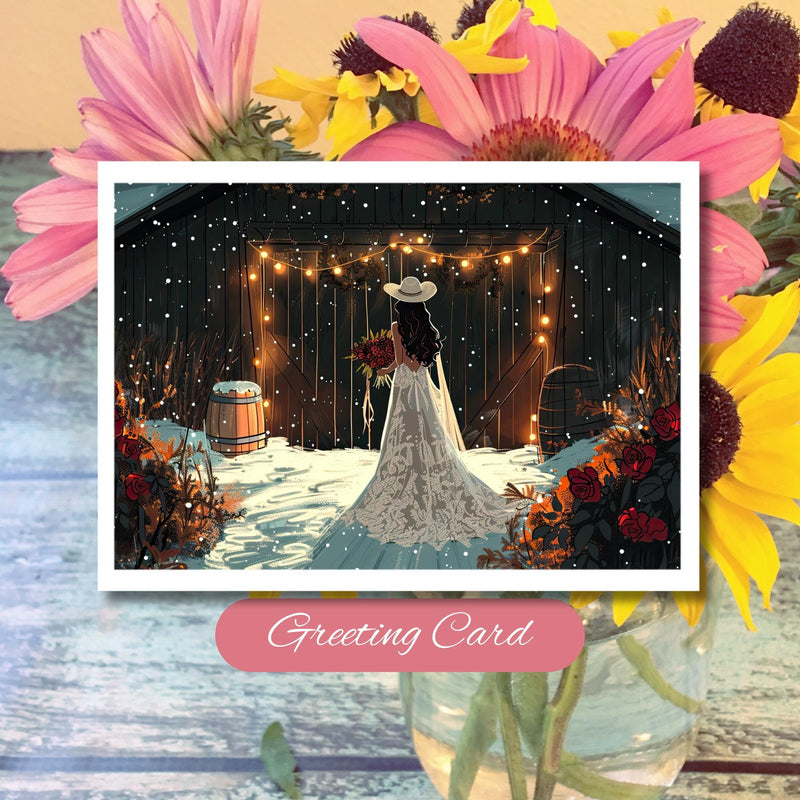 Rustic Winter Wedding Card: Bride in Lace Gown Greeting Card