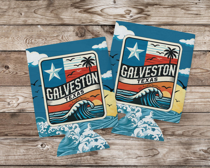 Galveston Texas Wave Can Cooler 12oz, Western Gifts, Drink Can Sleeve, Drink Cozies, City Souvenir, BBQ Drink Sleeve, Texas Party Favor