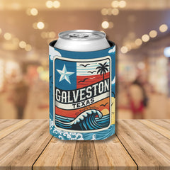 Galveston Texas Wave Can Cooler 12oz, Western Gifts, Drink Can Sleeve, Drink Cozies, City Souvenir, BBQ Drink Sleeve, Texas Party Favor