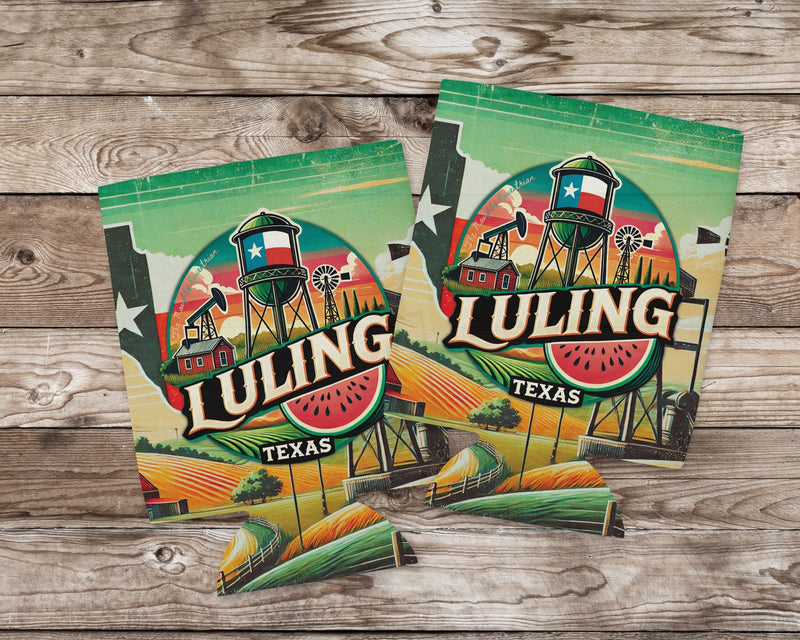 Luling Texas Watermelon Can Cooler 12oz, Western Gifts, Drink Can Sleeve, Drink Cozies, City Souvenir, BBQ Drink Sleeve, Texas Party Favor