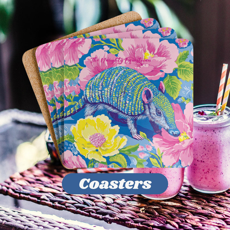 Armadillo Garden Party Coaster Set, Funky Drink Coaster, Floral Animal Art, Texas Gift ideas, Desert Theme Home Decor, Animal Lover Gift