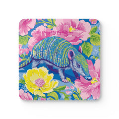 Armadillo Garden Party Coaster Set, Funky Drink Coaster, Floral Animal Art, Texas Gift ideas, Desert Theme Home Decor, Animal Lover Gift