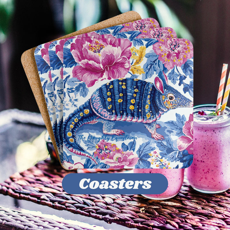 Bluebonnet Bandit Armadillo Coaster Set, Funky Drink Coaster, Pink Blue Coaster, Texas Gift idea, Desert Theme Home Decor, Animal Lover Gift
