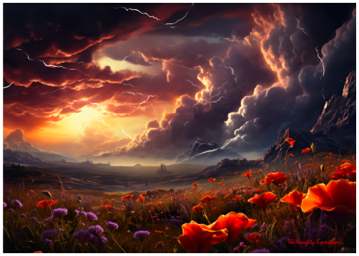 Nature's Drama: Thunderstorms and Wildflower Serenity Art Print