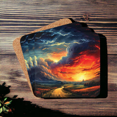 Embracing the Storm: The Road Home Beneath the Fiery Sunset Coaster Set